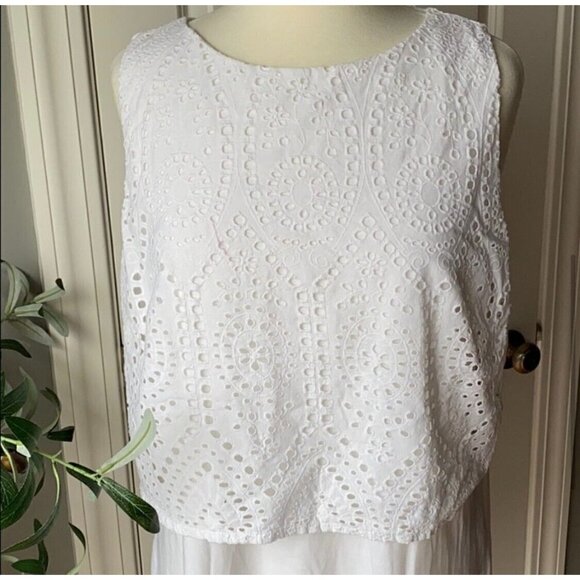 J Jill Sz L White Eyelet Lace Layered Long Tee T-Shirt Tank Top Womens NEW NWT - Picture 7 of 13